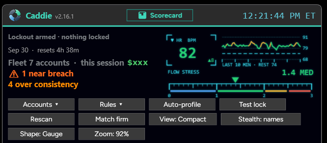 The top of Caddie's panel: the lockout status, the session reset and daily target, the toolbar, and live heart rate with the Flow Stress meter.