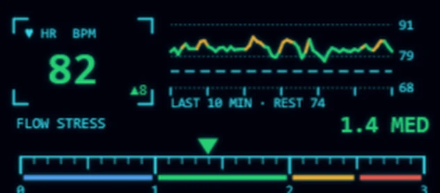 The Flow in Caddie: a live heart rate of 82, the last ten minutes, and a flow-stress gauge