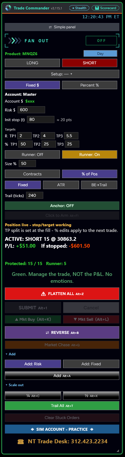Trade Commander's Full face: the same controls plus risk mode, the runner and its trail, anchors, Reverse, Market Chase, adds, scale-outs and Trail All.