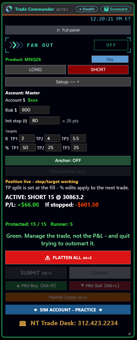 Trade Commander's Simple face: long and short, setup, risk, initial stop in ticks, targets, arm, Flatten All, Submit and the one-click market buttons.