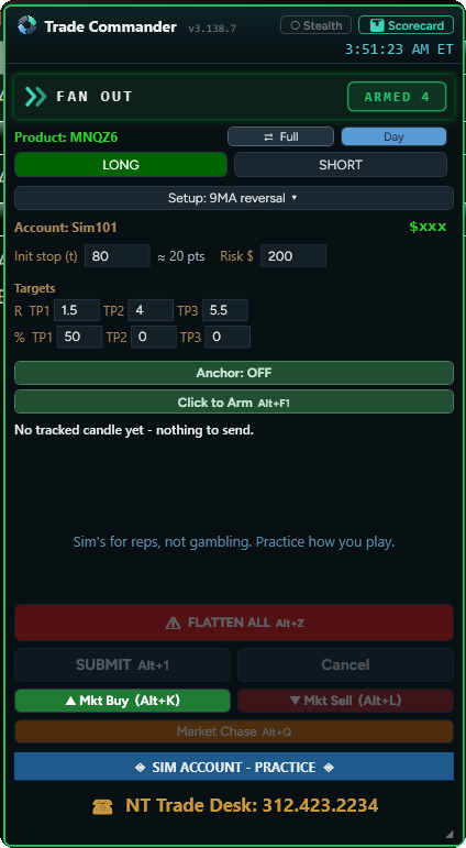 La cara Simple de Trade Commander en Sim: largo y corto, setup, riesgo, stop inicial en ticks, objetivos, arm, Flatten All, Submit y los botones de mercado con un clic.